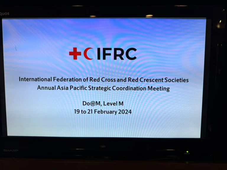 The image shows a slide titled International federation of Red Cross and Red Crescent Societies Annual Asia Pacific Strategic Coordination Meeting, Located at Do@M, Level M. The duration is from 19 to 21 February 2024